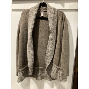 Chico's Taupe Metallic Shimmer, Open Cardigan Sweater Gray Cowl Neck Sz 2